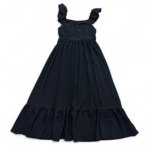 Black maxi A-line dress with ruffles and tie back, back is elastic size 1XL